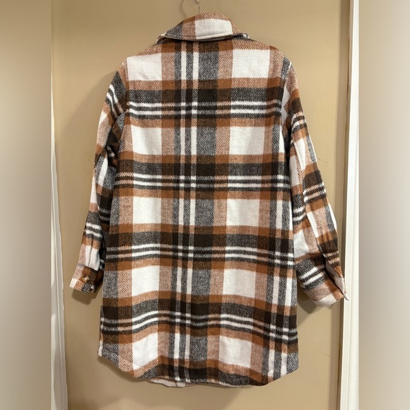 CoffeeShop New York Plaid Shirt Jacket Shacket Brown Neutral Button Front Large - Picture 2 of 8